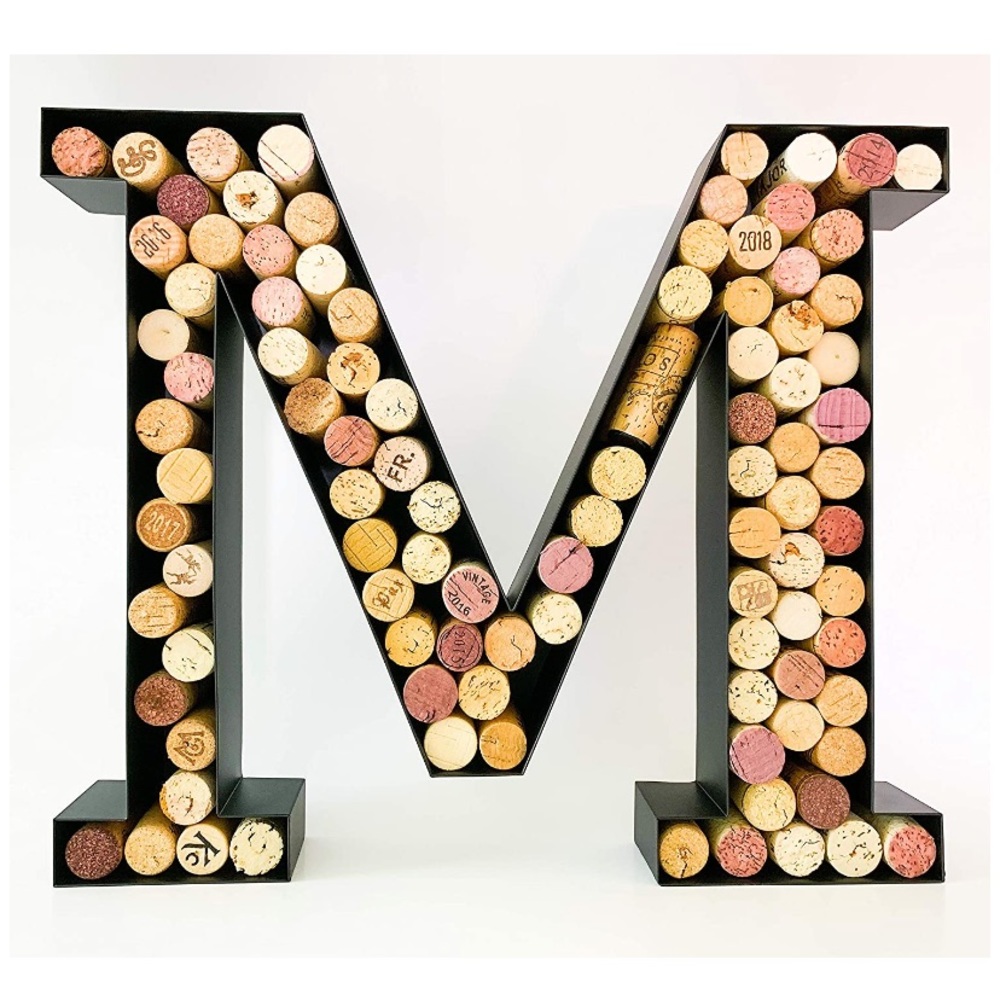 Black metal wall hanging wine cork holder letter M